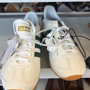 adidas Kids White Sneakers with Green Stripes and Gold Logo